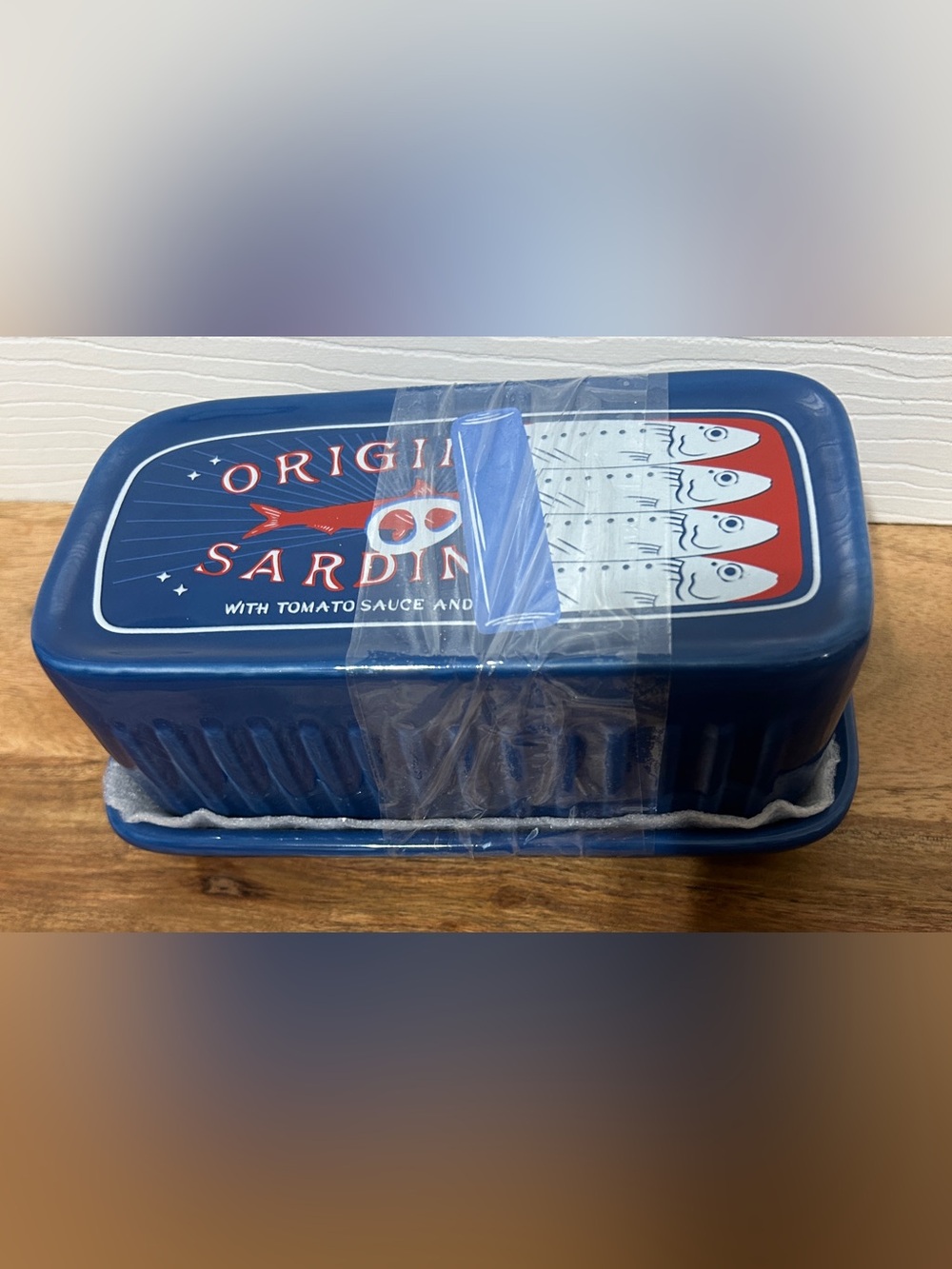 Can of Sardines Shaped Butter Dish Blue Ceramic Novelty Coastal Fish NEW